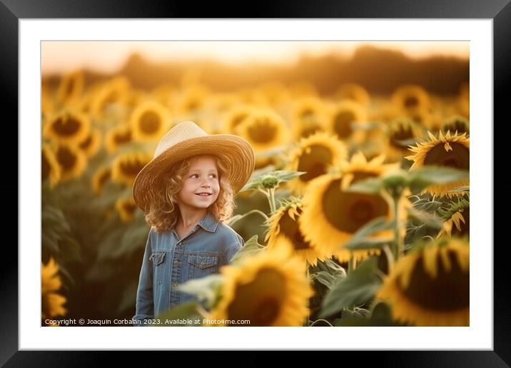 Boy playing among the sunflowers on a nice summer afternoon.Fict Framed Mounted Print by Joaquin Corbalan
