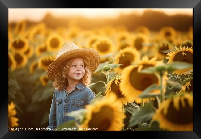 Boy playing among the sunflowers on a nice summer afternoon.Fict Framed Print by Joaquin Corbalan