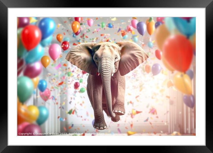 A light elephant floating with colored balloons. A Framed Mounted Print by Joaquin Corbalan