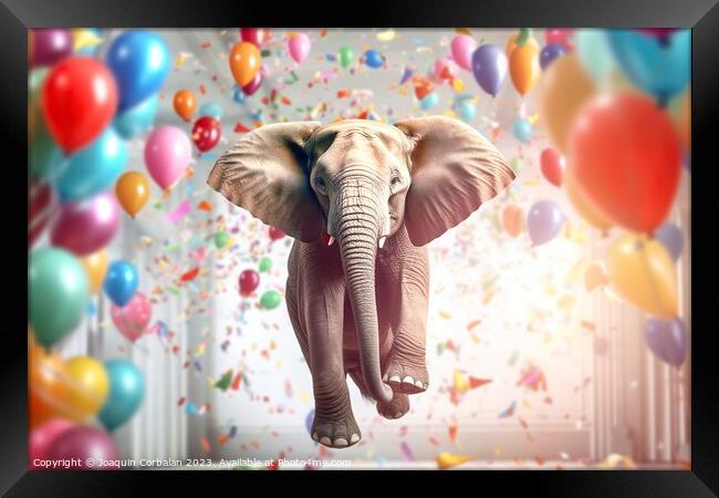 A light elephant floating with colored balloons. A Framed Print by Joaquin Corbalan
