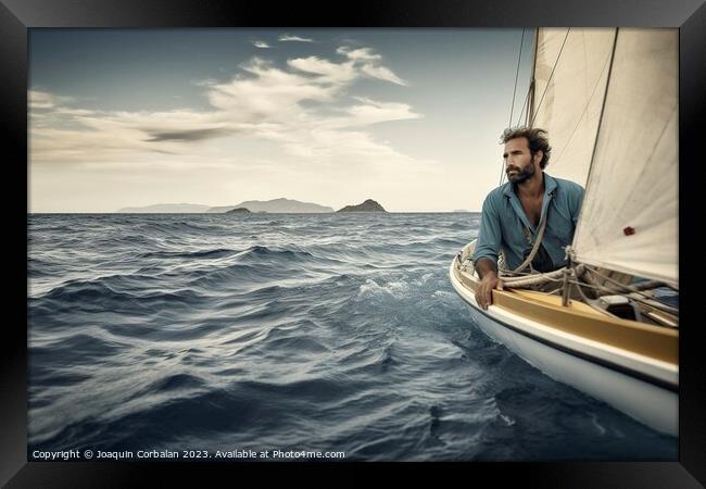 A lonely, handsome man sails his small boat, enjoying the sea br Framed Print by Joaquin Corbalan