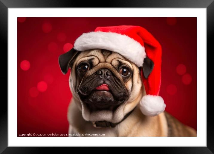 A charming dog wears a Christmas hat and poses aga Framed Mounted Print by Joaquin Corbalan