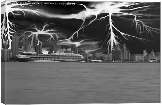 Liverpool Waterfront Skyline (Black and White)  Canvas Print by John Wain