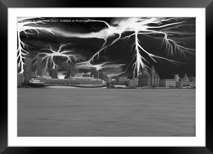 Liverpool Waterfront Skyline (Black and White)  Framed Mounted Print by John Wain