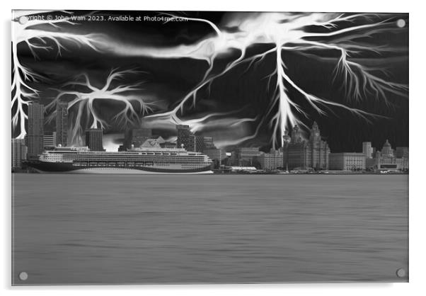 Liverpool Waterfront Skyline (Black and White)  Acrylic by John Wain