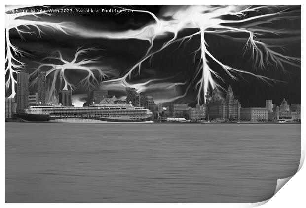 Liverpool Waterfront Skyline (Black and White)  Print by John Wain