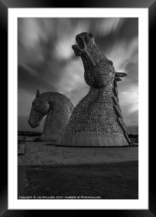 The Kelpies Black and white Framed Mounted Print by Les McLuckie