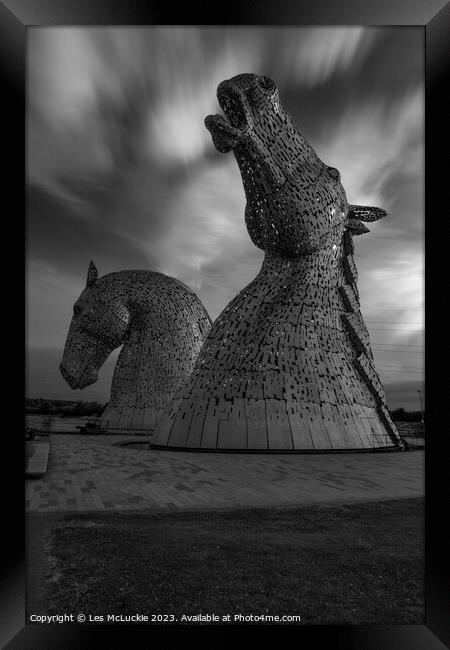 The Kelpies Black and white Framed Print by Les McLuckie