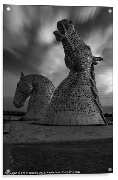 The Kelpies Black and white Acrylic by Les McLuckie