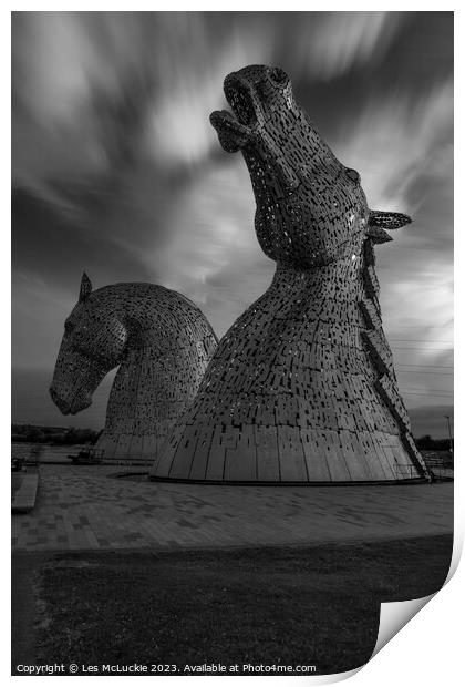The Kelpies Black and white Print by Les McLuckie