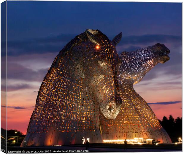The Kelpies Lights at night Canvas Print by Les McLuckie
