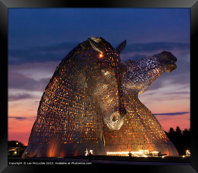 The Kelpies Lights at night Framed Print by Les McLuckie