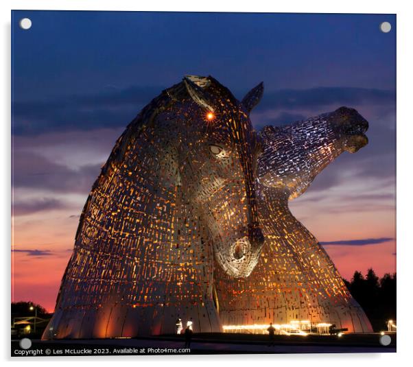 The Kelpies Lights at night Acrylic by Les McLuckie