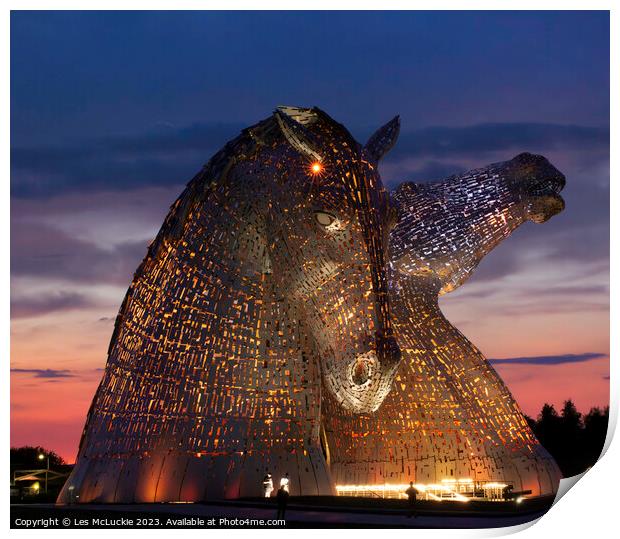 The Kelpies Lights at night Print by Les McLuckie