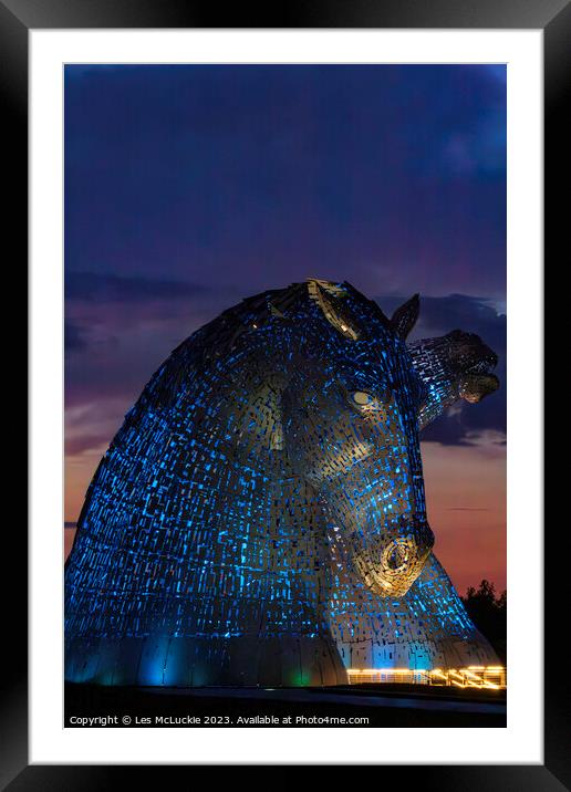 The Kelpies Blue lights Framed Mounted Print by Les McLuckie