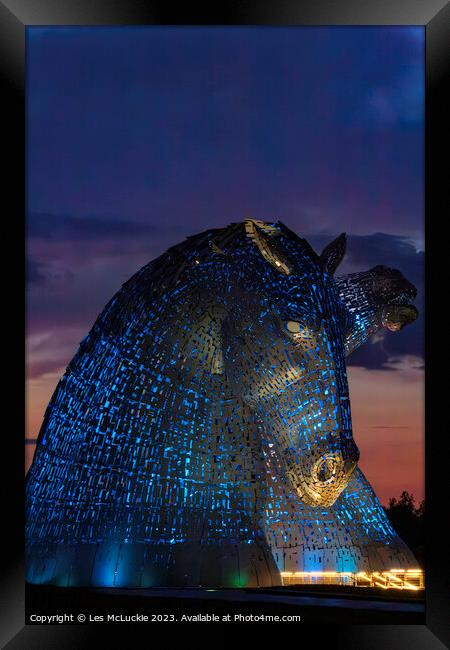 The Kelpies Blue lights Framed Print by Les McLuckie