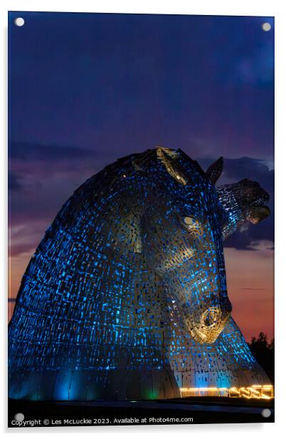 The Kelpies Blue lights Acrylic by Les McLuckie