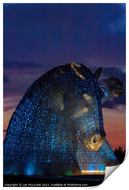The Kelpies Blue lights Print by Les McLuckie