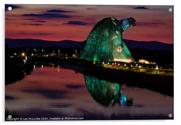 The Kelpies green lights at Night Acrylic by Les McLuckie