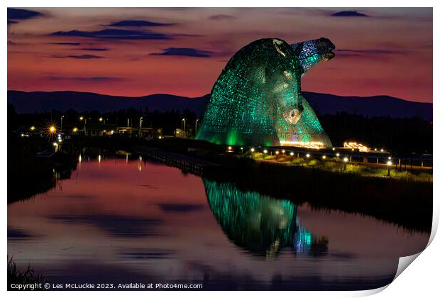 The Kelpies green lights at Night Print by Les McLuckie