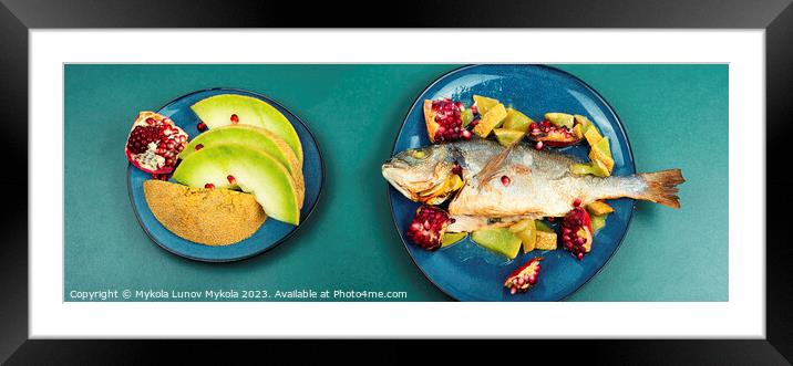 Dorado fish cooked with fruits, dieting eating. Framed Mounted Print by Mykola Lunov Mykola