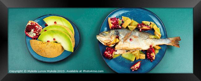 Dorado fish cooked with fruits, dieting eating. Framed Print by Mykola Lunov Mykola