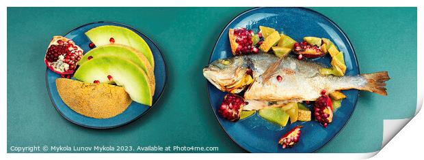 Dorado fish cooked with fruits, dieting eating. Print by Mykola Lunov Mykola