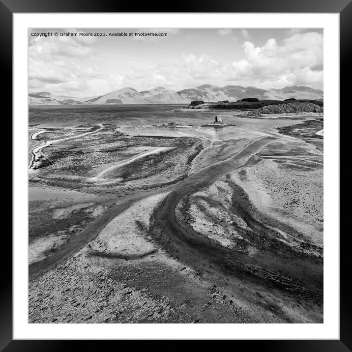 Castle Stalker elevated view monochrome Framed Mounted Print by Graham Moore