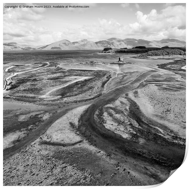Castle Stalker elevated view monochrome Print by Graham Moore