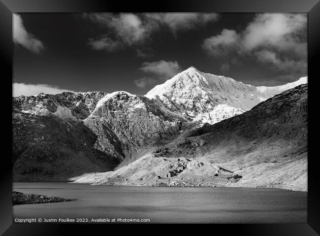 Snowdon in black and white - from Llyn Llydaw Framed Print by Justin Foulkes
