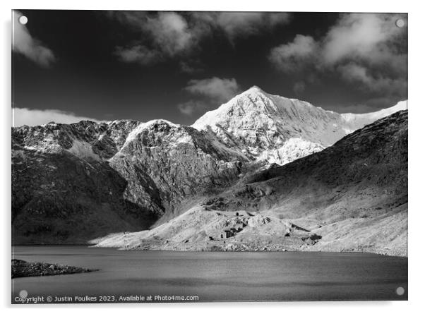 Snowdon in black and white - from Llyn Llydaw Acrylic by Justin Foulkes