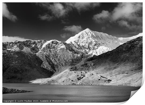 Snowdon in black and white - from Llyn Llydaw Print by Justin Foulkes