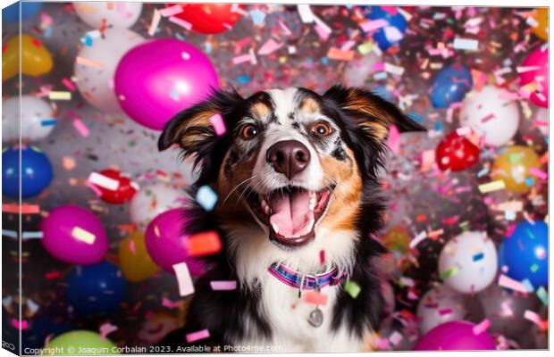 A super happy dog on his birthday, surrounded by c Canvas Print by Joaquin Corbalan