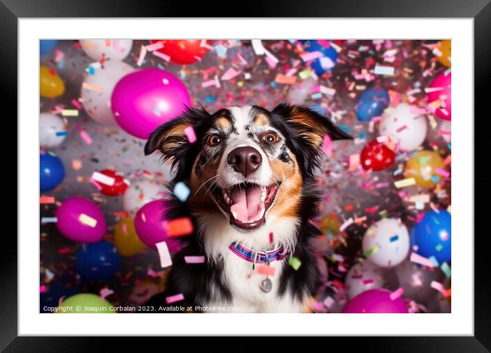 A super happy dog on his birthday, surrounded by c Framed Mounted Print by Joaquin Corbalan