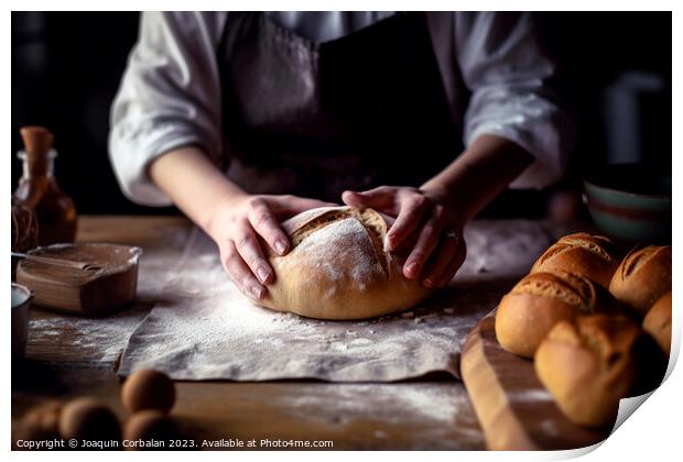 A homemade sweet bread kneaded by an expert cook.Ai generated Print by Joaquin Corbalan