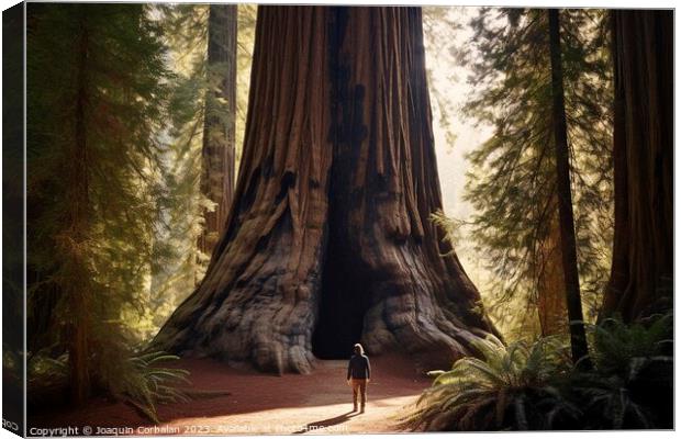 A tiny man walks through redwoods in an old-growth forest. Canvas Print by Joaquin Corbalan