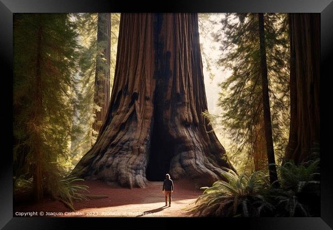 A tiny man walks through redwoods in an old-growth forest. Framed Print by Joaquin Corbalan