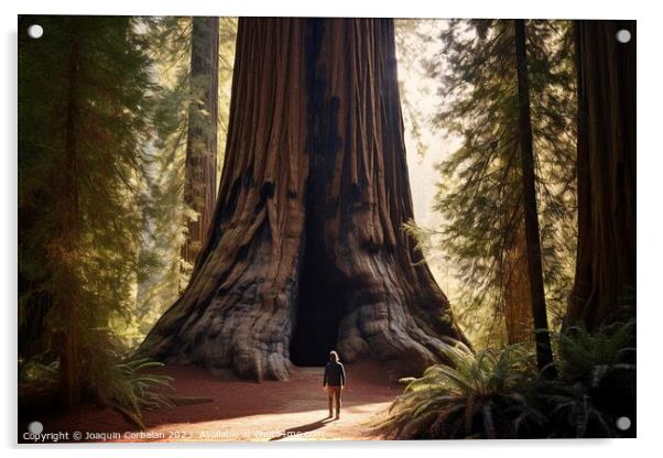 A tiny man walks through redwoods in an old-growth forest. Acrylic by Joaquin Corbalan