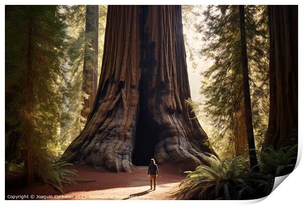 A tiny man walks through redwoods in an old-growth forest. Print by Joaquin Corbalan