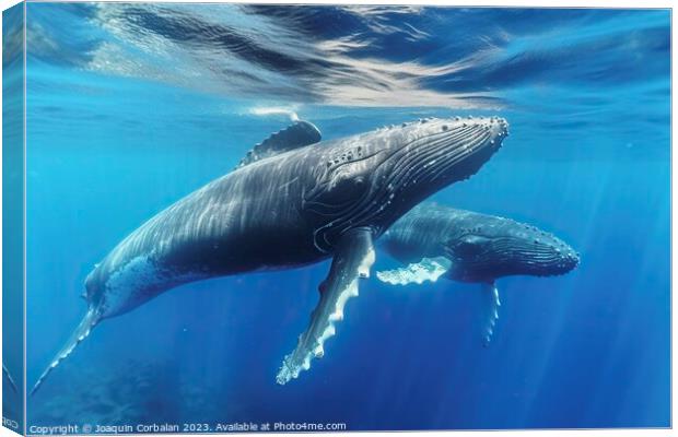 Beautiful whales swimming near the surface of the vast sea. Ai generated. Canvas Print by Joaquin Corbalan
