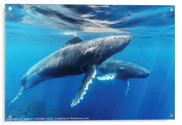 Beautiful whales swimming near the surface of the vast sea. Ai generated. Acrylic by Joaquin Corbalan