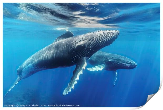 Beautiful whales swimming near the surface of the vast sea. Ai generated. Print by Joaquin Corbalan