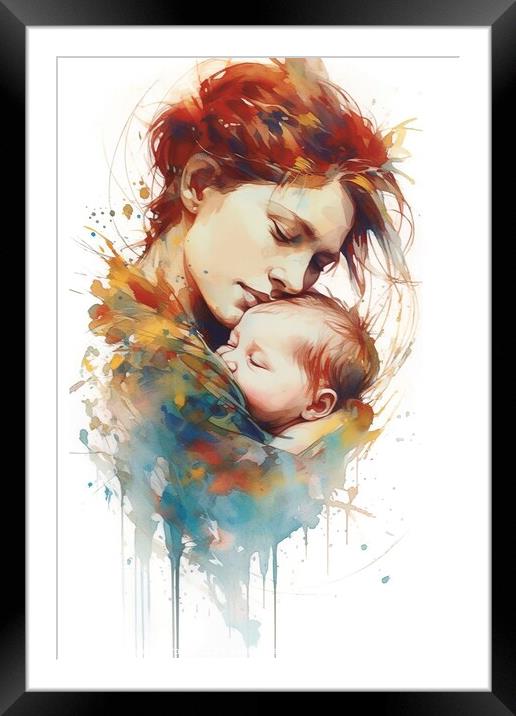 artistic watercolor illustration capturing the profound bond between a mother and her baby. AI Generated Framed Mounted Print by Joaquin Corbalan