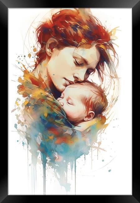 artistic watercolor illustration capturing the profound bond between a mother and her baby. AI Generated Framed Print by Joaquin Corbalan
