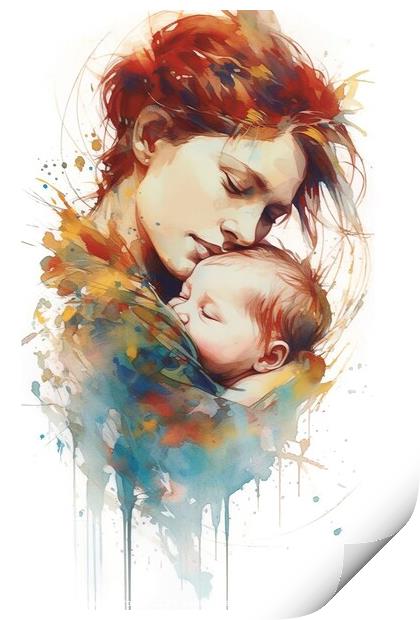 artistic watercolor illustration capturing the profound bond between a mother and her baby. AI Generated Print by Joaquin Corbalan