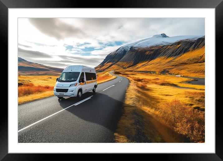 Embarking on a family vacation adventure, a campervan drives along a breathtaking mountain road with snow-capped peaks. Framed Mounted Print by Joaquin Corbalan