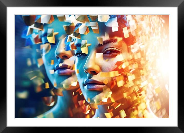 he human face undergoes a remarkable transformation, as it is beautifully decomposed into a captivating array of colorful pixels. Ai generated. Framed Mounted Print by Joaquin Corbalan