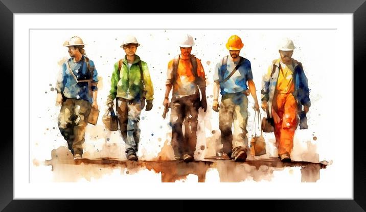 On a white background, a group of working people, painted with brightly colored watercolors. Ai generated. Framed Mounted Print by Joaquin Corbalan