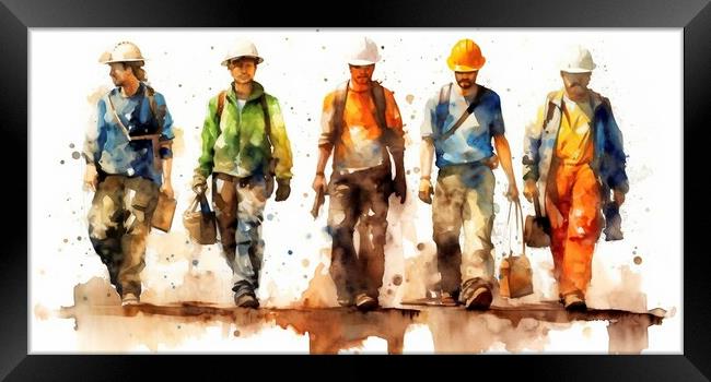 On a white background, a group of working people, painted with brightly colored watercolors. Ai generated. Framed Print by Joaquin Corbalan