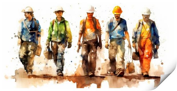 On a white background, a group of working people, painted with brightly colored watercolors. Ai generated. Print by Joaquin Corbalan
